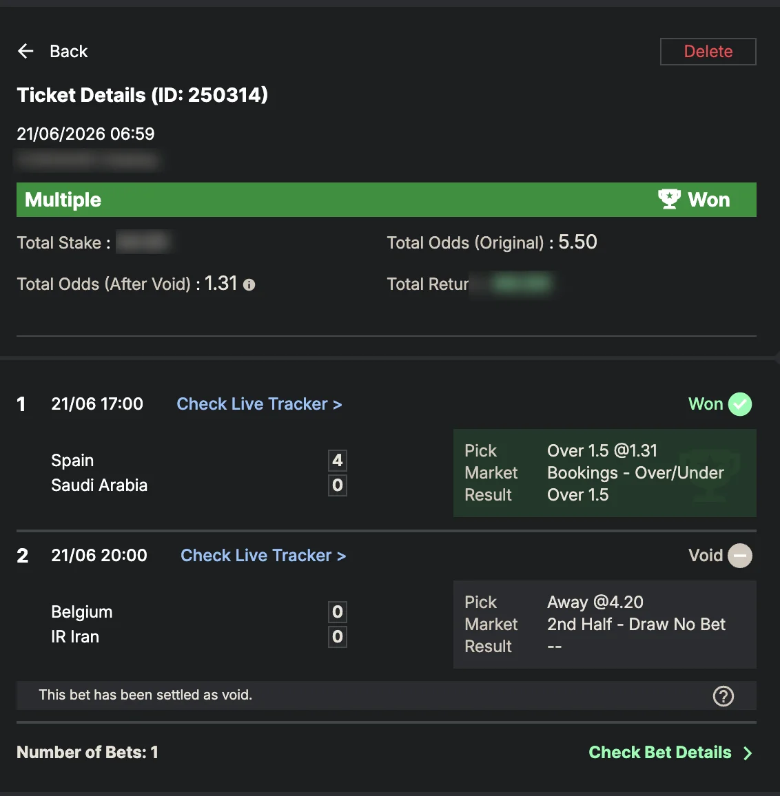 Settled SportyBet ticket: Won Multiple — original odds 5.50, settled at 1.31 after a void