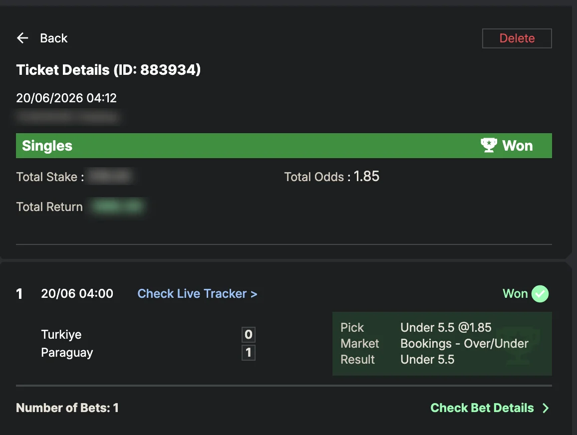Settled SportyBet ticket: Won Singles — total odds 1.85