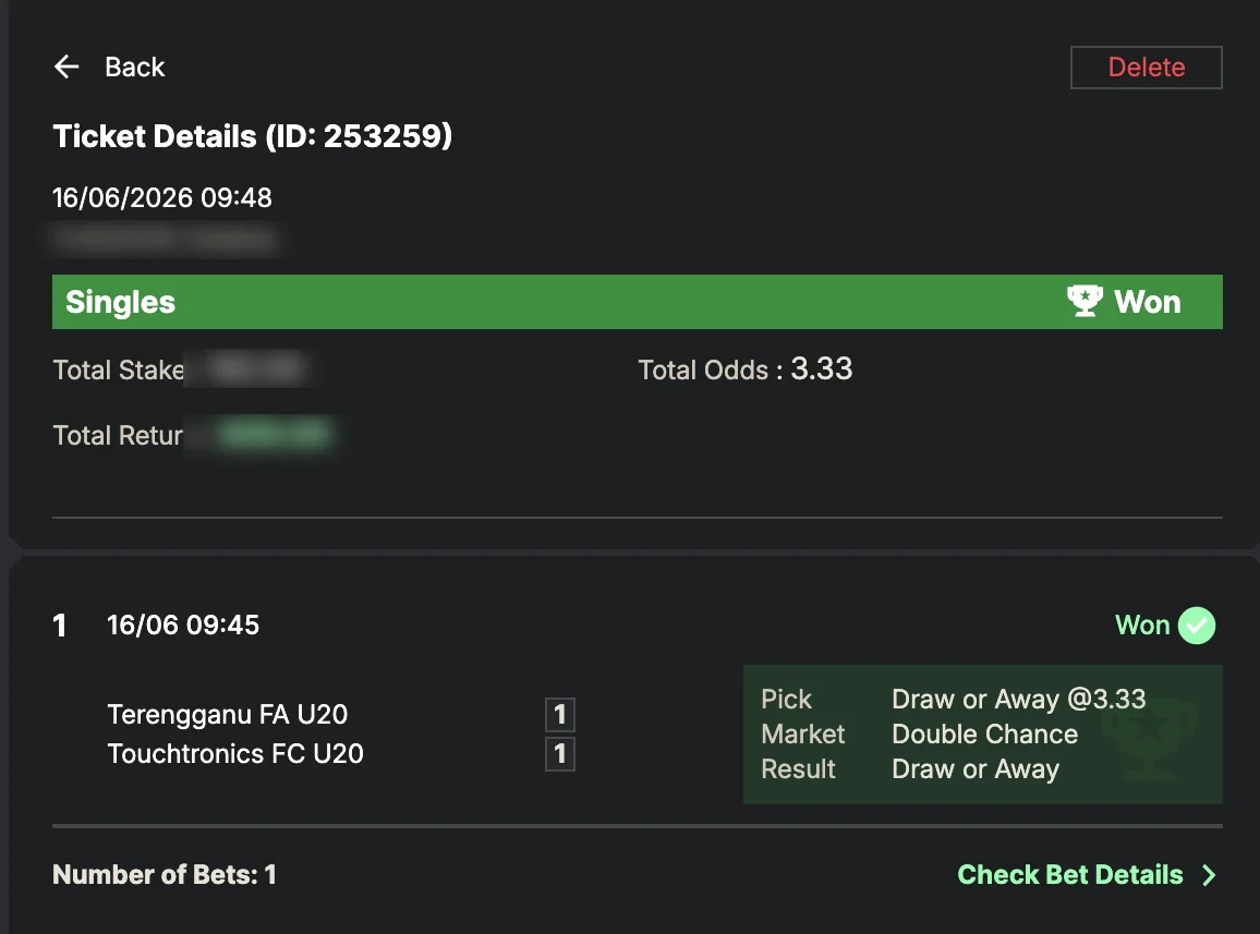 Settled SportyBet ticket: Won Singles — total odds 3.33