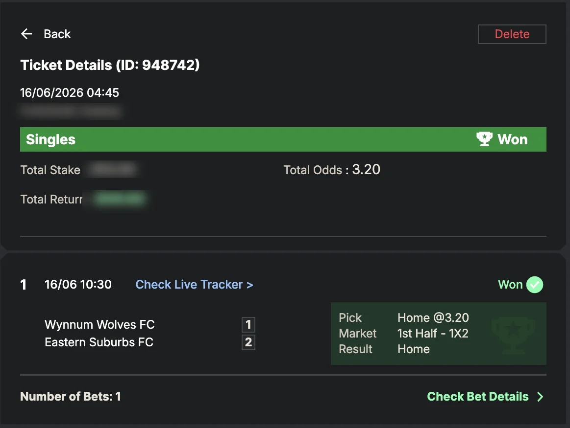 Settled SportyBet ticket: Won Singles — total odds 3.20