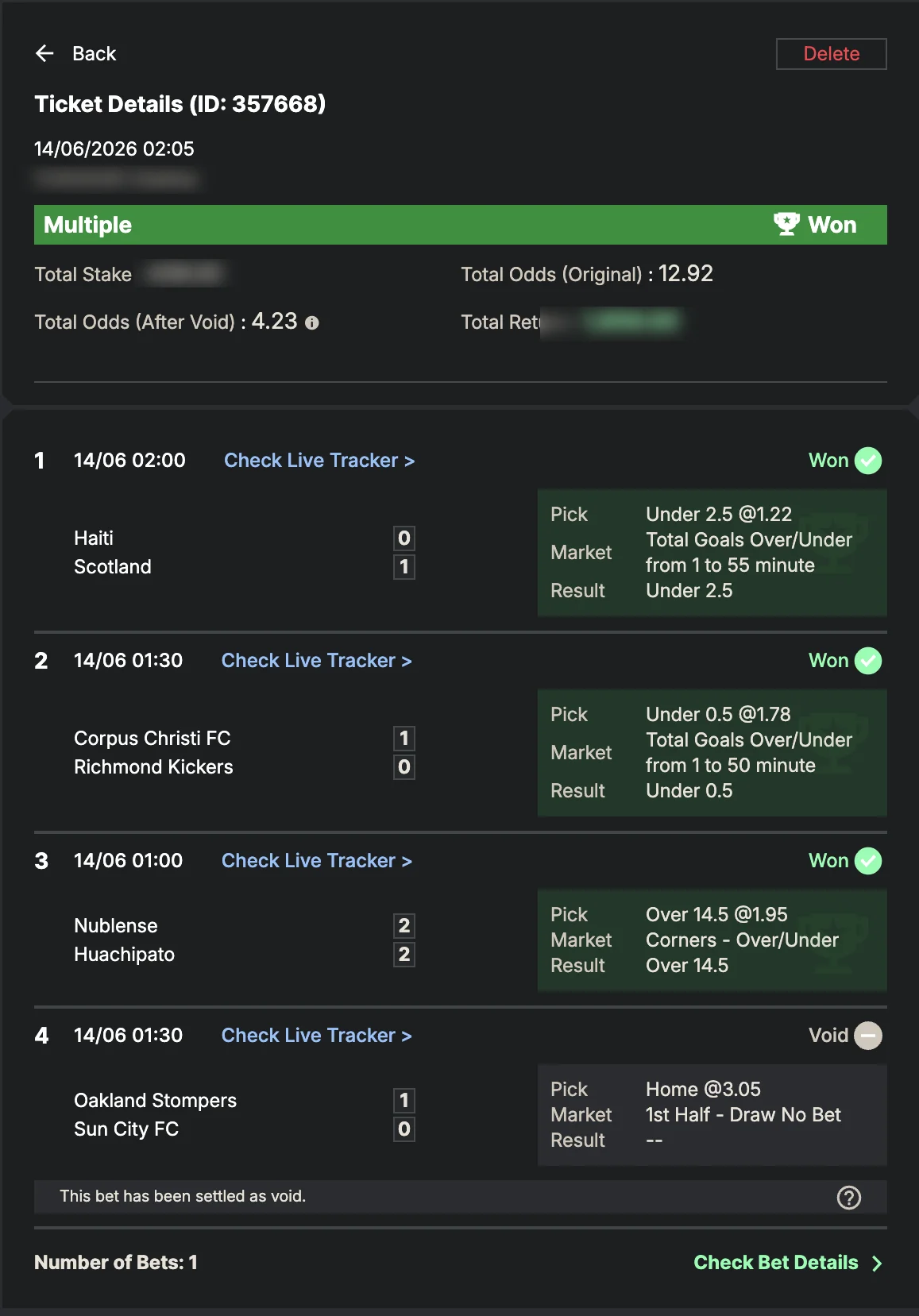 Settled SportyBet ticket: Won Multiple — original odds 12.92, settled at 4.23 after a void