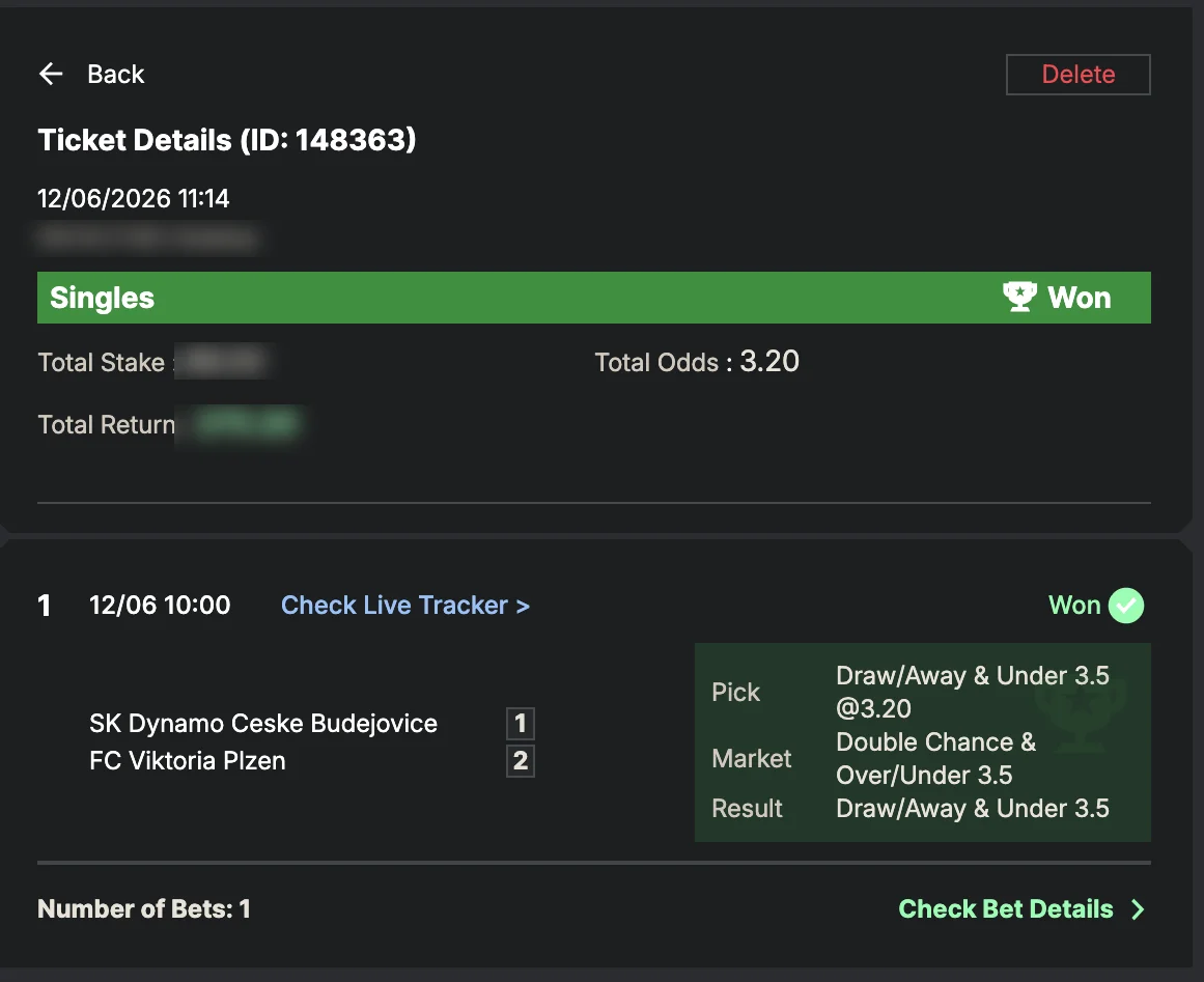 Settled SportyBet ticket: Won Singles — total odds 3.20