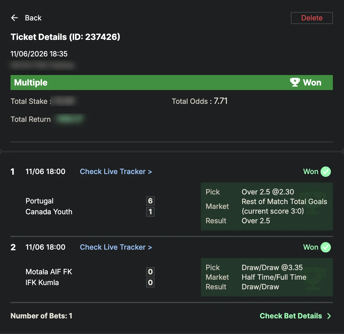 Settled SportyBet ticket: Won Multiple — total odds 7.71