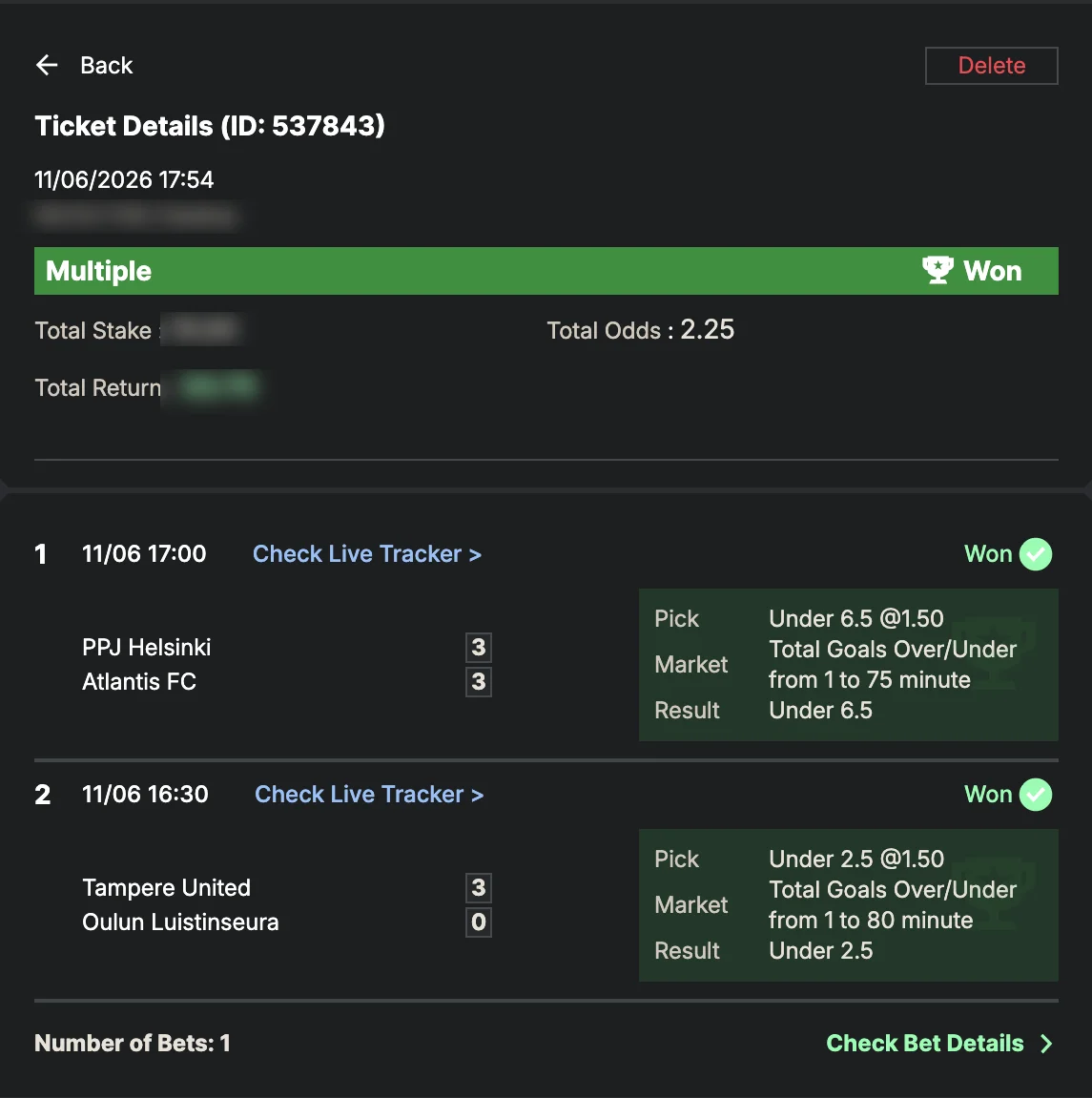 Settled SportyBet ticket: Won Multiple — total odds 2.25