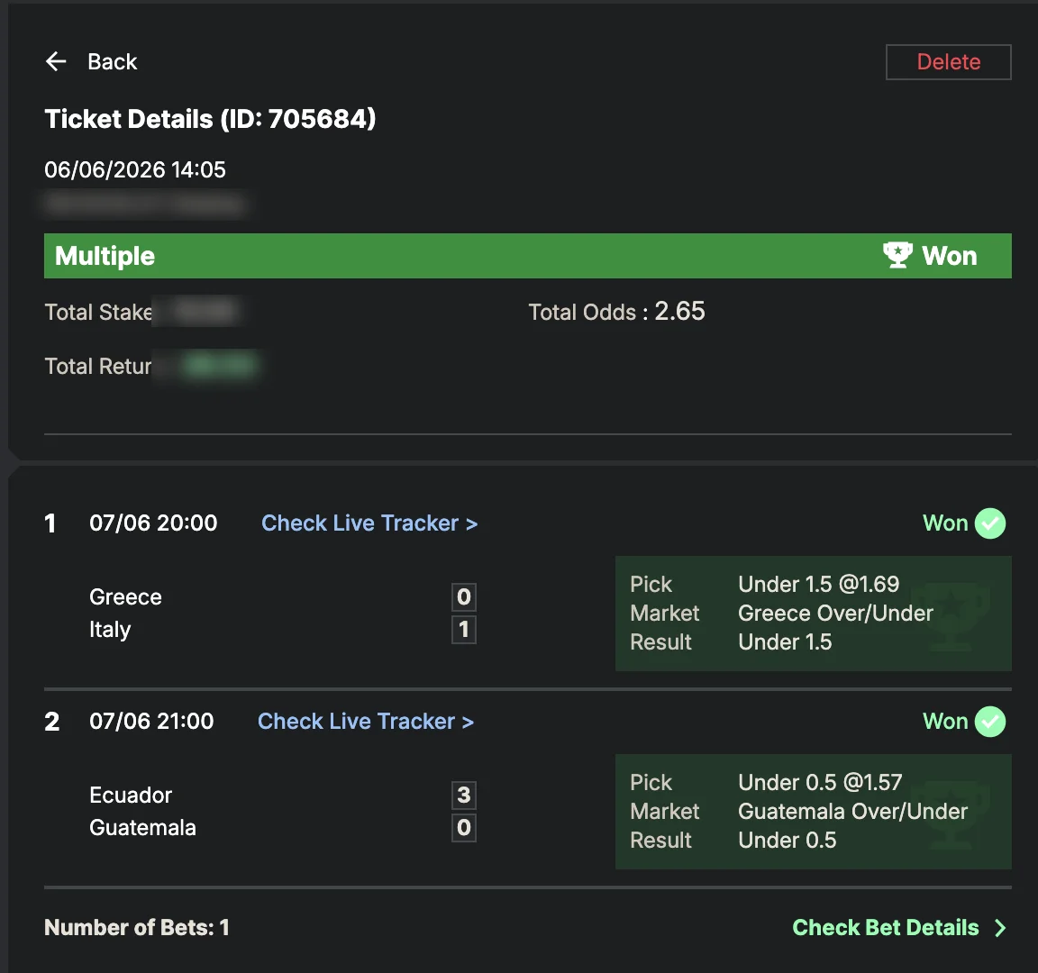 Settled SportyBet ticket: Won Multiple — total odds 2.65