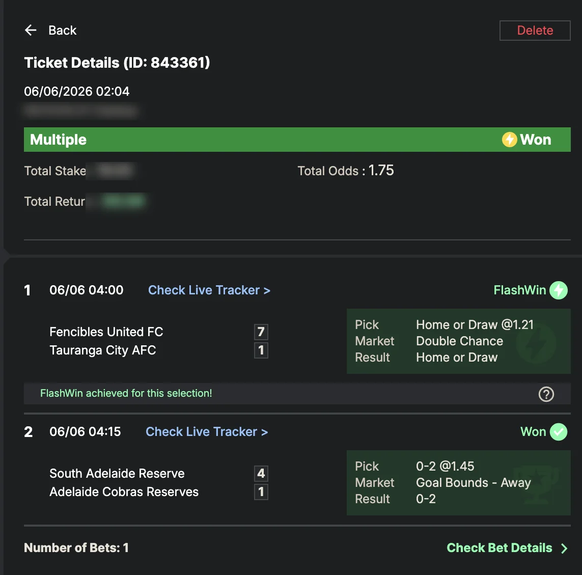 Settled SportyBet ticket: Won Multiple — total odds 1.75