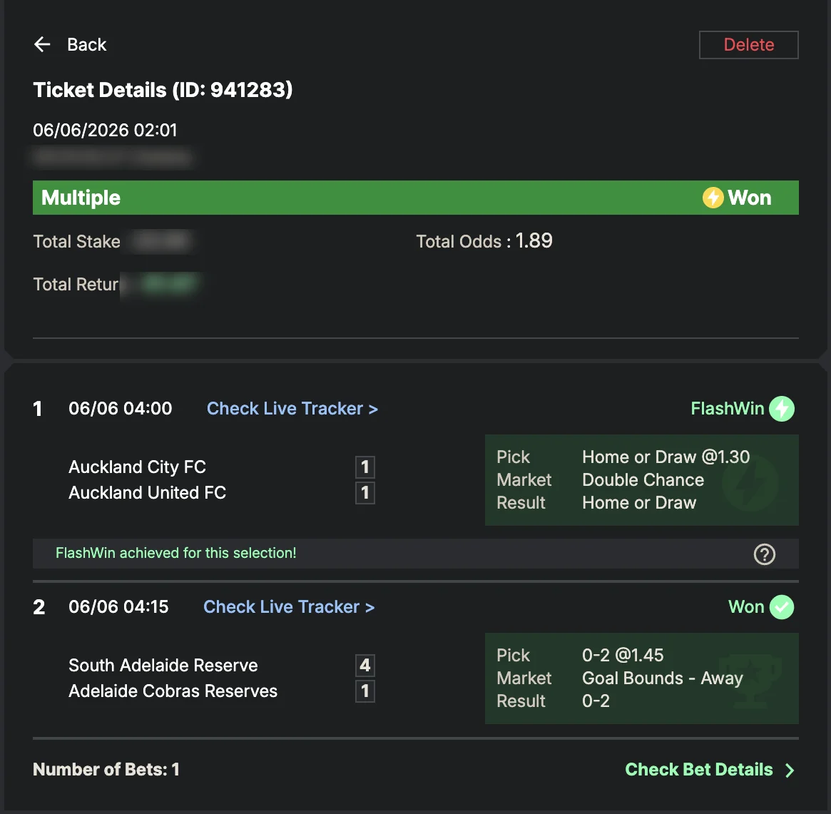 Settled SportyBet ticket: Won Multiple — total odds 1.89