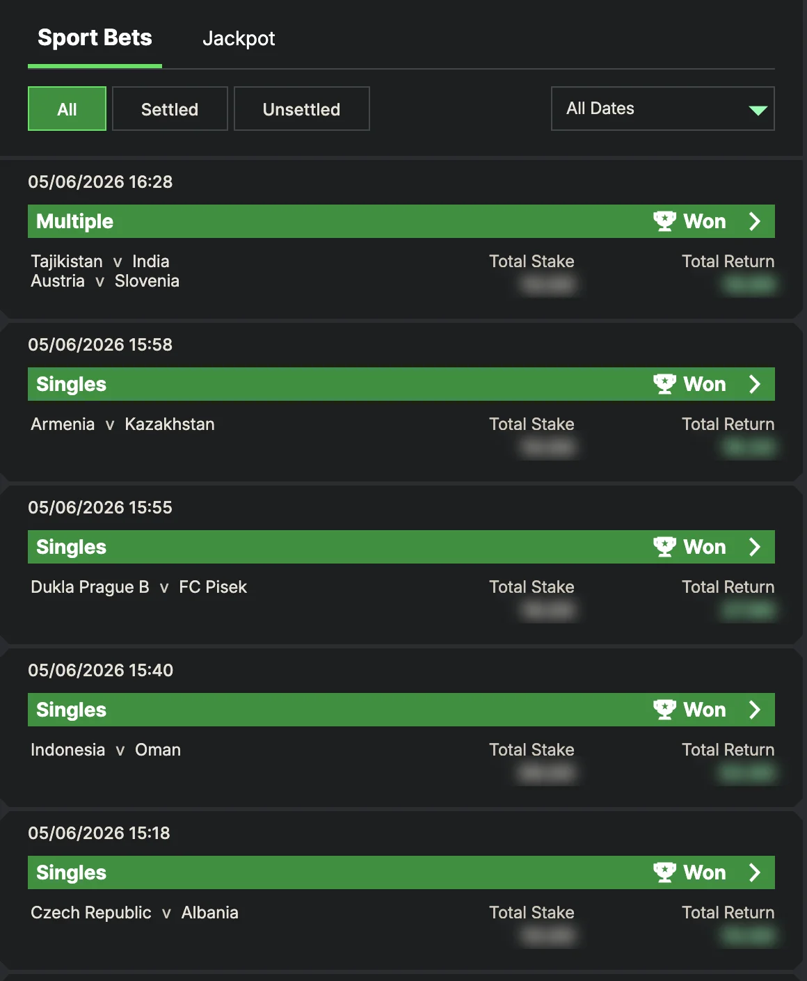 SportyBet bet history: five settled bets in a row, all Won