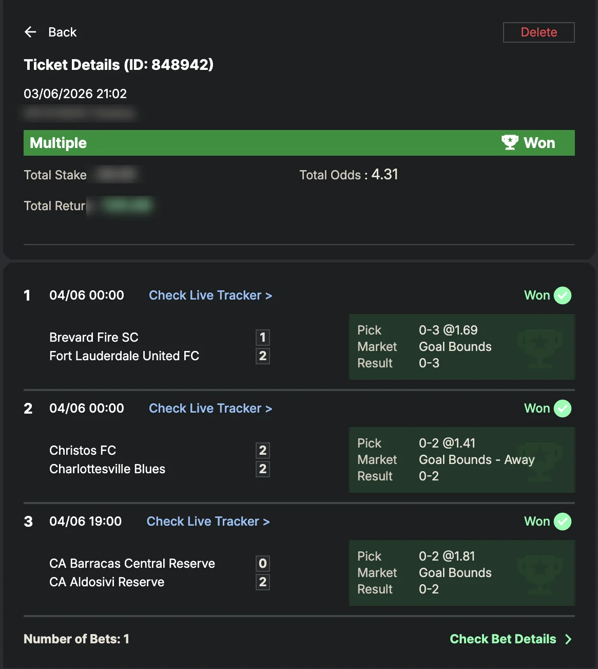 Settled SportyBet ticket: Won Multiple — total odds 4.31